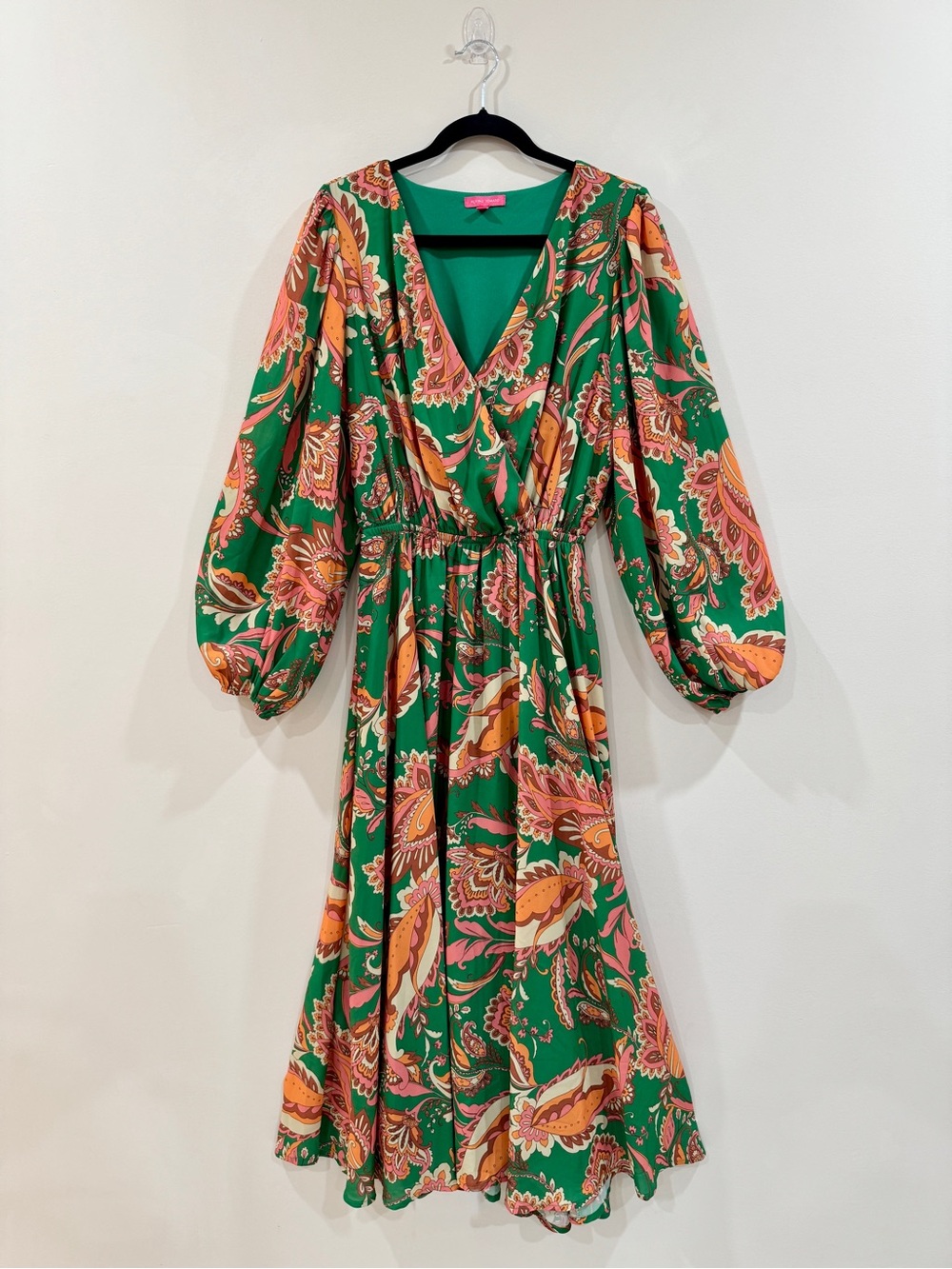 Flying Tomato Green Paisley Boho Midi Dress Size M Bishop Sleeves Faux Wrap
